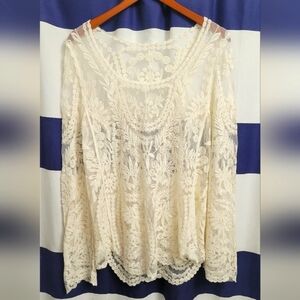 🤍 Romantic Cream Lace Blouse – Sheer Women’s Top | Size Large